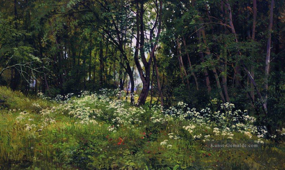 Blumen am Waldrand 1893 klassische Landschaft Ivan Ivanovich Bäume Ölgemälde